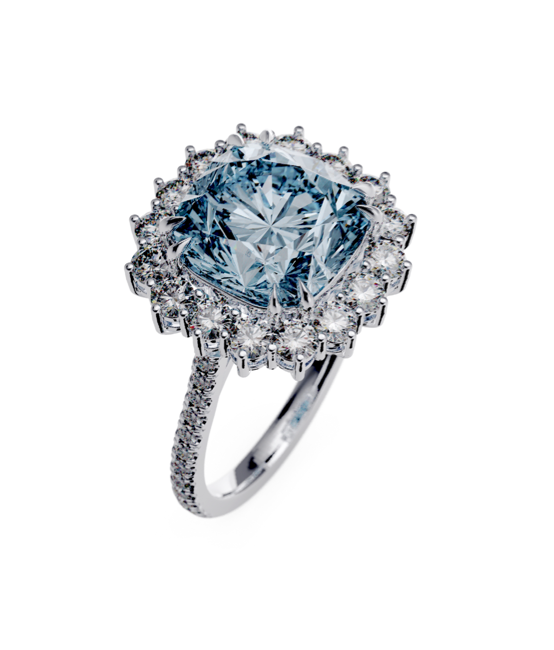 Cushion-cut aquamarine ring framed by a diamond halo on a pavé-set white-gold band